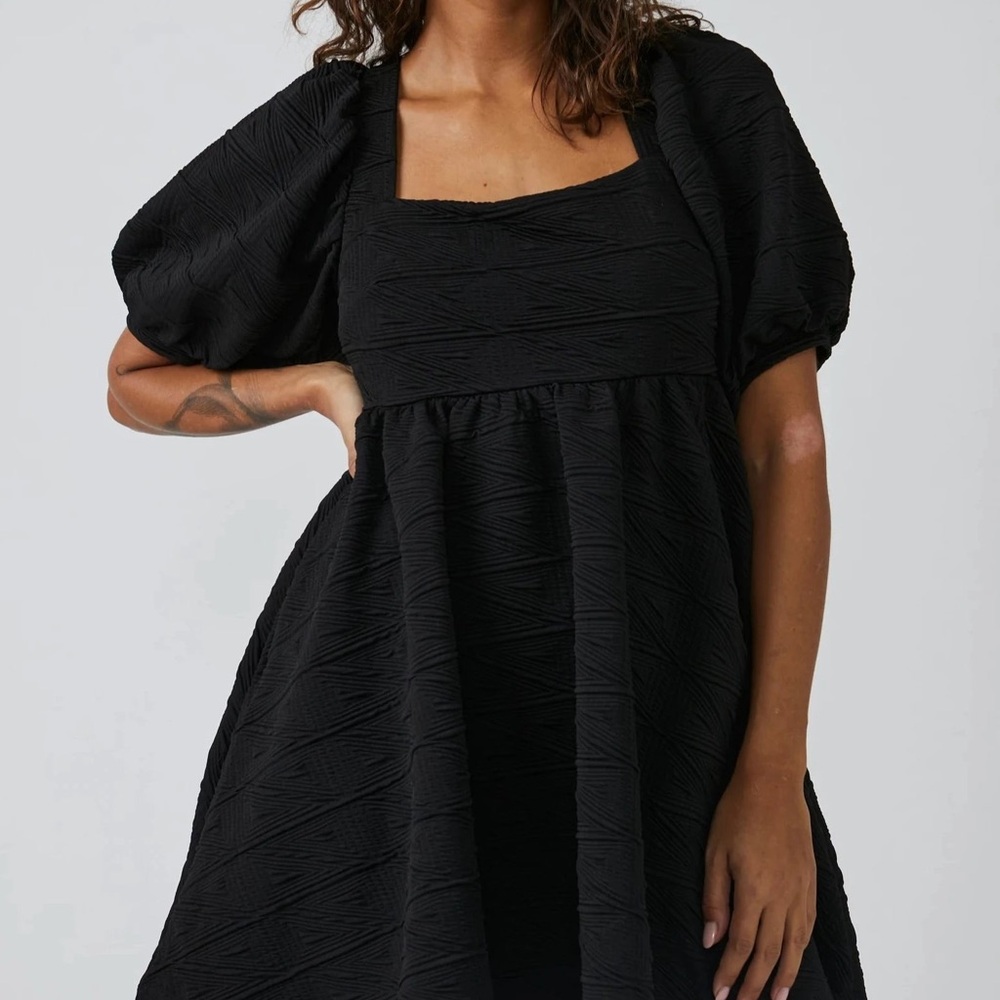 Free People Black Babydoll Mini Dress with Puff Sleeves